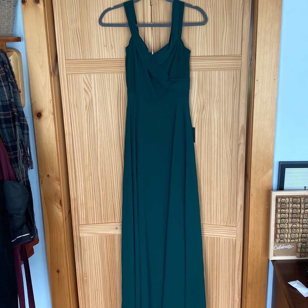 Emerald full length wedding guest dress